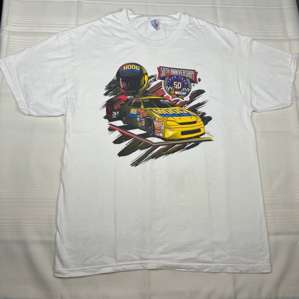 Vintage White Nascar 50th Anniversary Moog Chasis Parts Hanes T Shirt Mens L